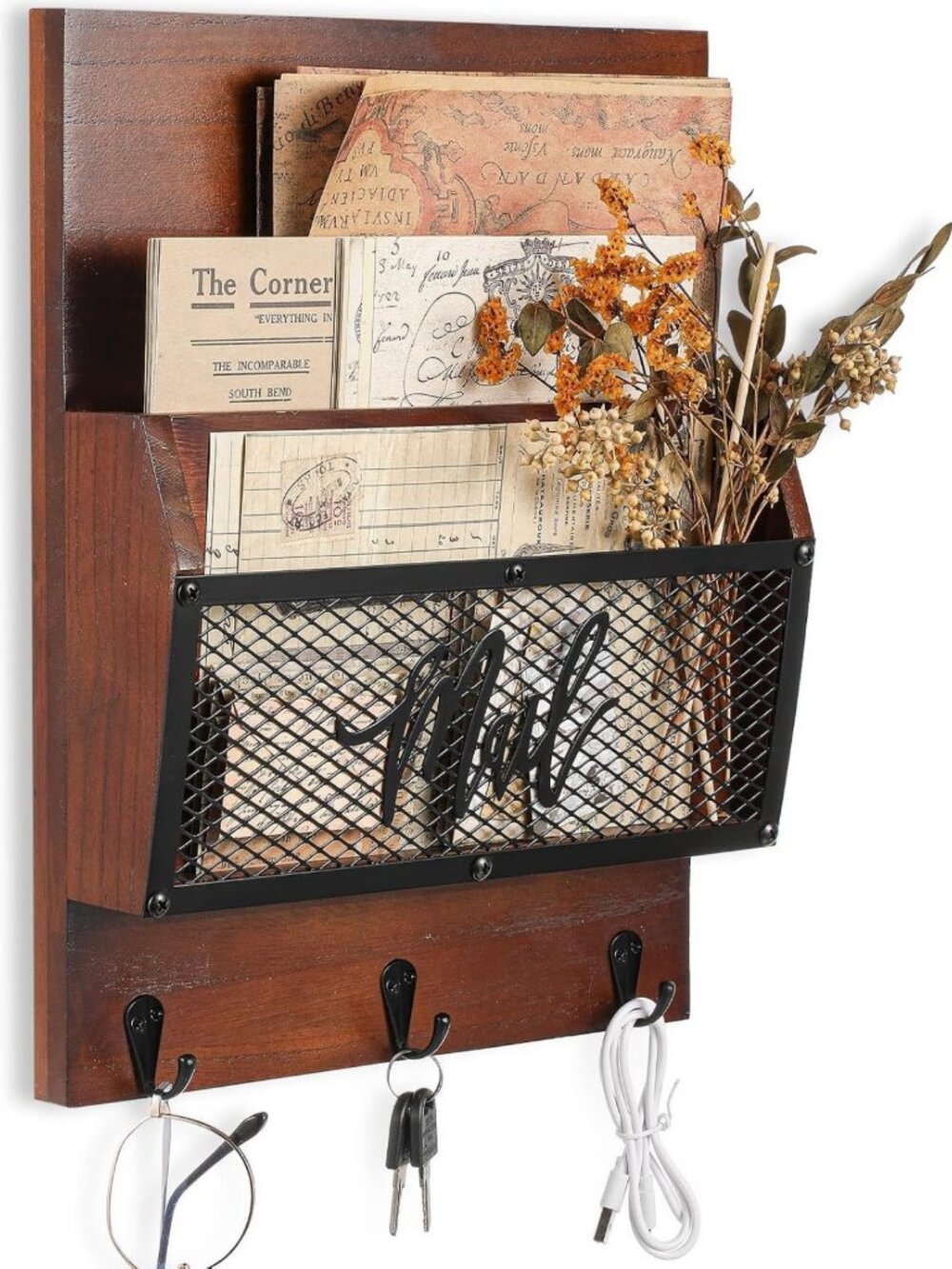 Rustic Wall-Mounted Mail Organizer with Hooks | Wooden Key & Letter Holder